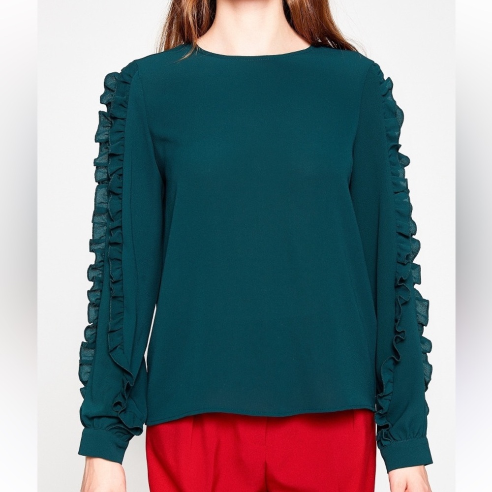 Club Monaco long sleeve blouse with ruffle sleeves dark green size XS